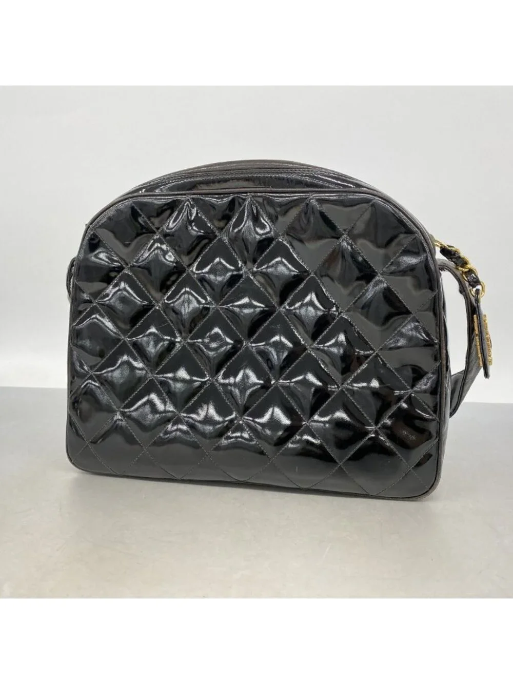 Chanel Shoulder Bag Quilted Patent Leather Black Gold